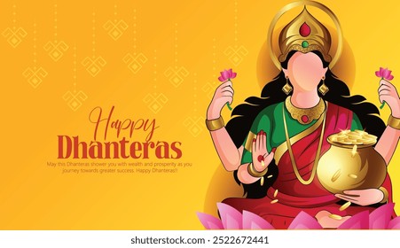 Celebración de Dhanteras con la diosa Lakshmi en un loto, que simboliza la riqueza y la prosperidad durante Dhanteras, un importante festival hindú. Las huellas y los Elementos decorativos completan el diseño festivo.