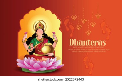 Dhanteras Celebration with Goddess Lakshmi on a lotus, symbolizing wealth and prosperity during Dhanteras, a significant Hindu festival. Footprints and decorative elements complete the festive design.