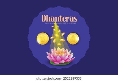 Dhanteras Celebration Greeting With Lotus And Gold Coins, Symbolizing Prosperity And Good Fortune During The Auspicious Festival