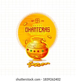 Dhanteras celebration on Happy diwali light festival of India background with icon elements, hindi text shubh and labh and meaning Happy Dhanteras