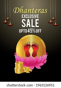 Dhanteras celebration sale poster with vector illustration of Goddess laxami and gold coin