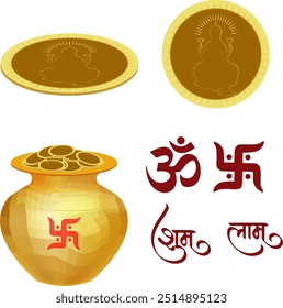 Dhanteras Moneda y Matka Conjunto de Símbolo Esvástica etc