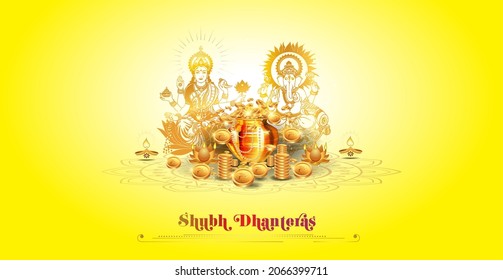 Dhanteras Diwali festival design banner with Lord Ganesha and Goddess Lakshmi Laxmi golden coins ornaments jewellery