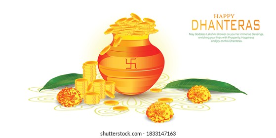 Dhanteras festival card with Gold coin in pot golden patterned and red color Background.