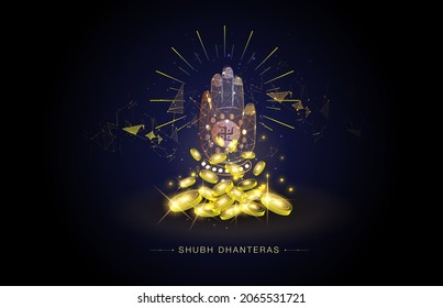 Dhanteras festival creative poster design with goddess Laxmi Lakshmi blessing hand modern futuristic digital low poly polygon golden coins and jewellery wireframe