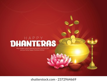 Dhanteras festival illustration of Gold coin in pot for Dhanteras, Goddess Laxmi blessing Happy Diwali light of festival 