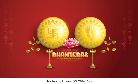 Dhanteras festival illustration of Gold coin in pot for Dhanteras, Goddess Laxmi blessing Happy Diwali light of festival 
