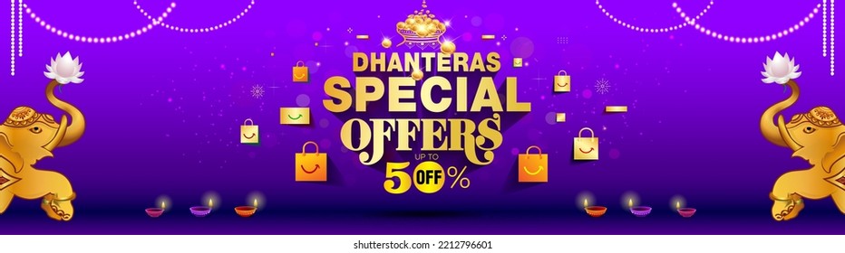 Dhanteras festival sale offers banner template design. 3D Dhanteras Special offers golden coin pot, text with diwali decoration, fireworks and candle background.