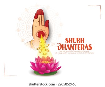 Dhanteras Goddess Laxmi blessing Gold coin in pot with golden and coins creative for Indian festival Dhanteras and Diwali celebration