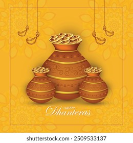 Dhanteras Gold coin in pot for Dhanteras celebration poster design