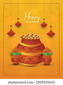 Dhanteras Gold coin in pot for Dhanteras celebration poster design