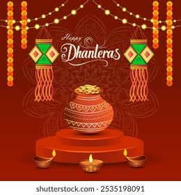 Dhanteras greeting card with brown background Terracotta pot filled with gold coins on pedestal Hanging diyas and lanterns Mandala pattern surrounds pot Happy Dhanteras at top