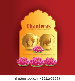 Tarjeta de felicitación de Dhanteras con símbolos de oro y flores de loto sobre un fondo rojo. Perfecto para celebrar este auspicioso festival hindú con bendiciones de prosperidad.