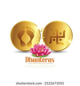 Cartão de saudação Dhanteras com símbolos de ouro e flores de lótus em um fundo vermelho. Perfeito para celebrar este festival hindu auspicioso com bênçãos de prosperidade.