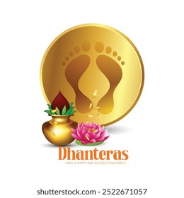 Cartão de saudação Dhanteras com símbolos de ouro e flores de lótus em um fundo vermelho. Perfeito para celebrar este festival hindu auspicioso com bênçãos de prosperidade.