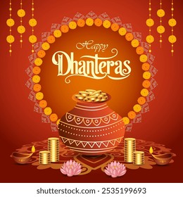 Dhanteras greeting card with red background Terracotta pot filled with gold coins in mandala Hanging diyas and marigold garlands Lotus flowers and gold stacks below Happy Dhanteras in frame