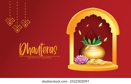 Cartão de saudação Dhanteras mostrando um pote dourado com moedas e lótus, simbolizando riqueza e prosperidade. Perfeito para celebrar o festival indiano de Dhanteras.