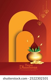 Dhanteras greeting card showcasing a golden pot with coins and lotus, symbolizing wealth and prosperity. Perfect for celebrating the Indian festival of Dhanteras.