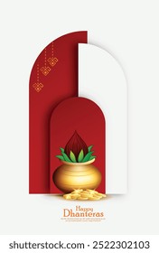 Tarjeta de felicitación de Dhanteras que muestra una olla dorada con monedas y loto, que simboliza la riqueza y la prosperidad. Perfecto para celebrar el festival indio de Dhanteras.