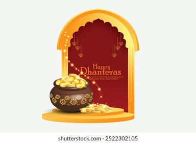 Cartão de saudação Dhanteras mostrando um pote dourado com moedas e lótus, simbolizando riqueza e prosperidade. Perfeito para celebrar o festival indiano de Dhanteras.