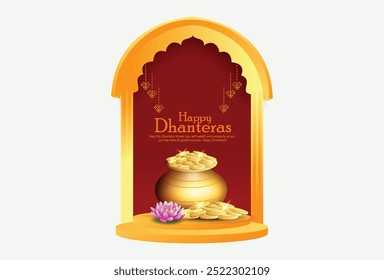 Cartão de saudação Dhanteras mostrando um pote dourado com moedas e lótus, simbolizando riqueza e prosperidade. Perfeito para celebrar o festival indiano de Dhanteras.