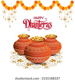 Dhanteras greeting card with terracotta pots filled with gold coins Pots arranged on mandala Happy Dhanteras written above Hanging diyas and marigold garlands add festive touch