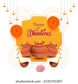 Dhanteras greeting card with terracotta pots filled with gold coins Pots arranged in front of decorative frame Happy Dhanteras within frame Hanging diyas and lotus flowers add festive touch