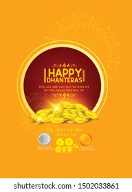 Dhanteras (happy Dhanteras)  festival card with Gold coin in pot golden patterned and red color Background.