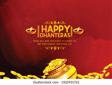 Dhanteras (happy Dhanteras)  festival card with Gold coin in pot golden patterned and red color Background.