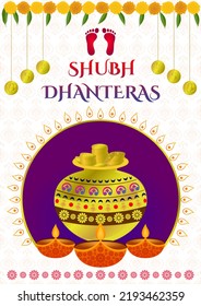 Dhanteras hindu festival poster with gold coins pot.