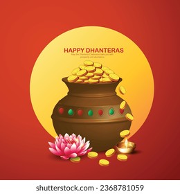 Dhanteras illustration of Gold coin in pot for Dhanteras celebration on Happy Diwali festival, background