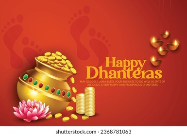 Dhanteras illustration of Gold coin in pot for Dhanteras celebration on Happy Diwali festival, background