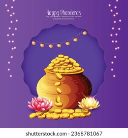 Dhanteras illustration of Gold coin in pot for Dhanteras celebration on Happy Diwali festival, background