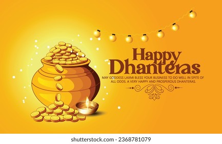 Dhanteras illustration of Gold coin in pot for Dhanteras celebration on Happy Diwali festival, background