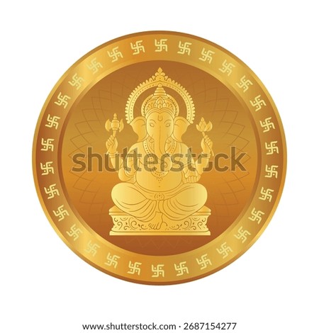 Dhanteras Lakshmi Pujan Golden Vector Illustration of Lord Ganesha with Swastika Border, Symbolizing Wisdom, Success, and Good Fortune