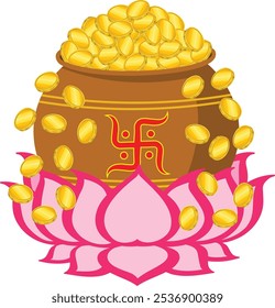 Dhanteras pot kalash with golden coins on lotus for Dhanteras , Diwali Indian festivals decoration, banner, flyer