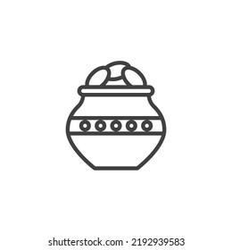 Dhanteras pot line icon. linear style sign for mobile concept and web design. Golden coins pot outline vector icon. Symbol, logo illustration. Vector graphics