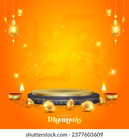 Concepto y antecedentes del festival Dhanteras puja. Diseño de escenario de podio con dinero, monedas y decoración de lámparas Diwali.