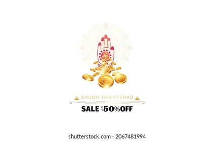 Dhanteras puja festival with Goddess Lakshmi Laxmi blessing hand Sales logo creative for exclusive gifts offer promotional deals and Golden coin with typography