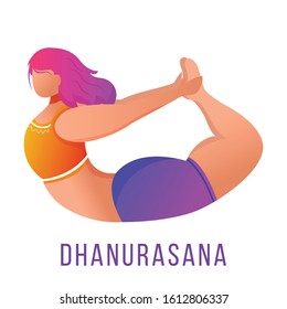 Dhanurasana flat vector illustration. Bow pose. Caucausian woman doing yoga in orange and purple sportswear. Workout, fitness. Physical exercise. Isolated cartoon character on white background