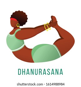 Dhanurasana flat vector illustration. Bow pose. African American, dark-skinned woman performing yoga posture. Workout, fitness. Physical exercise. Isolated cartoon character on white background