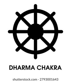 Dharma Chakra symbol. Buddhist teachings, wisdom and enlightenment. Wheel of life, Wheel of Dhamma, sacred spiritual emblem isolated on a white background. Black vector icon with geometric wheel and spokes