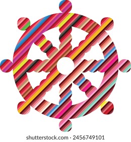Dharma chakra symbol with multi color diagonal inside, Dharma chakra symbol vector illustration.