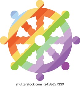 Dharma chakra symbol with rainbow color diagonal inside, Dharma chakra symbol vector illustration.