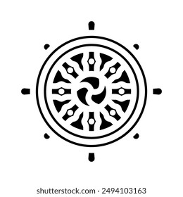 Dharma-Rad Dharmachakra-Symbol-Vektorgrafik. Dharma-Rad Dharmachakra-Zeichen. Isolierte Symboldarstellung