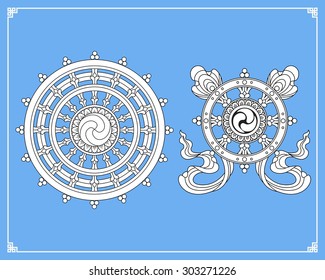 Dharma Wheel, Dharmachakra Icons. Wheel of Dharma in black and white design. Buddhism symbols. Symbol of Buddha's teachings on the path to enlightenment, liberation from the karmic rebirth in samsara.