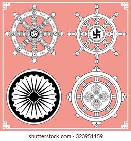 Dharma Wheel, Dharmachakra Icons. Wheel of Dharma in black and white design. Buddhism symbols. Symbol of Buddha's teachings on the path to enlightenment, liberation from the karmic rebirth in samsara.