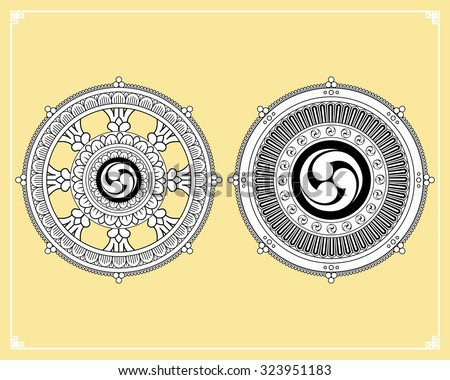 Dharma Wheel, Dharmachakra Icons. Wheel of Dharma in black and white design. Buddhism symbols. Symbol of Buddha's teachings on the path to enlightenment, liberation from the karmic rebirth in samsara.