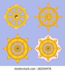 Dharma Wheel Dharmachakra Icons. Buddhism symbols.