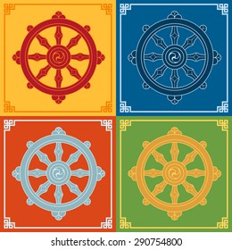 Dharma Wheel Dharmachakra Icons. Buddhism symbols.